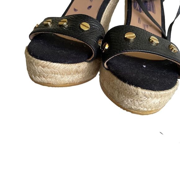 GAIMO Black Leather Wedge Espadrilles Sandals Gold Studs Ankle Tie Straps 40 - Picture 3 of 15